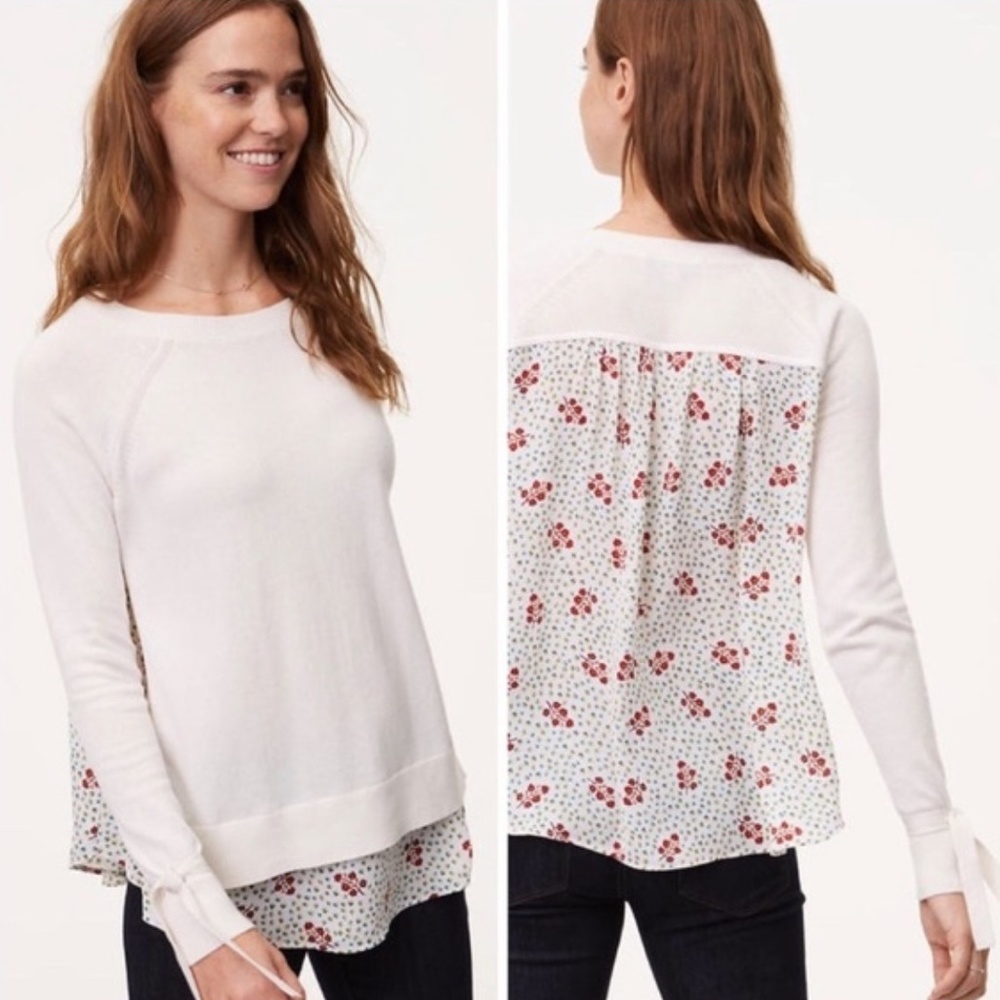 Loft Floral Back Mixed Media Cream Sweater Large